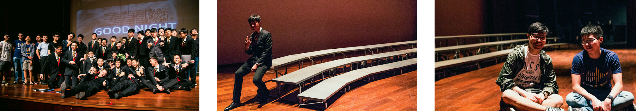 Three photos: a large group in suits on stage, a man posing by risers, and two young men sitting on a wooden floor.